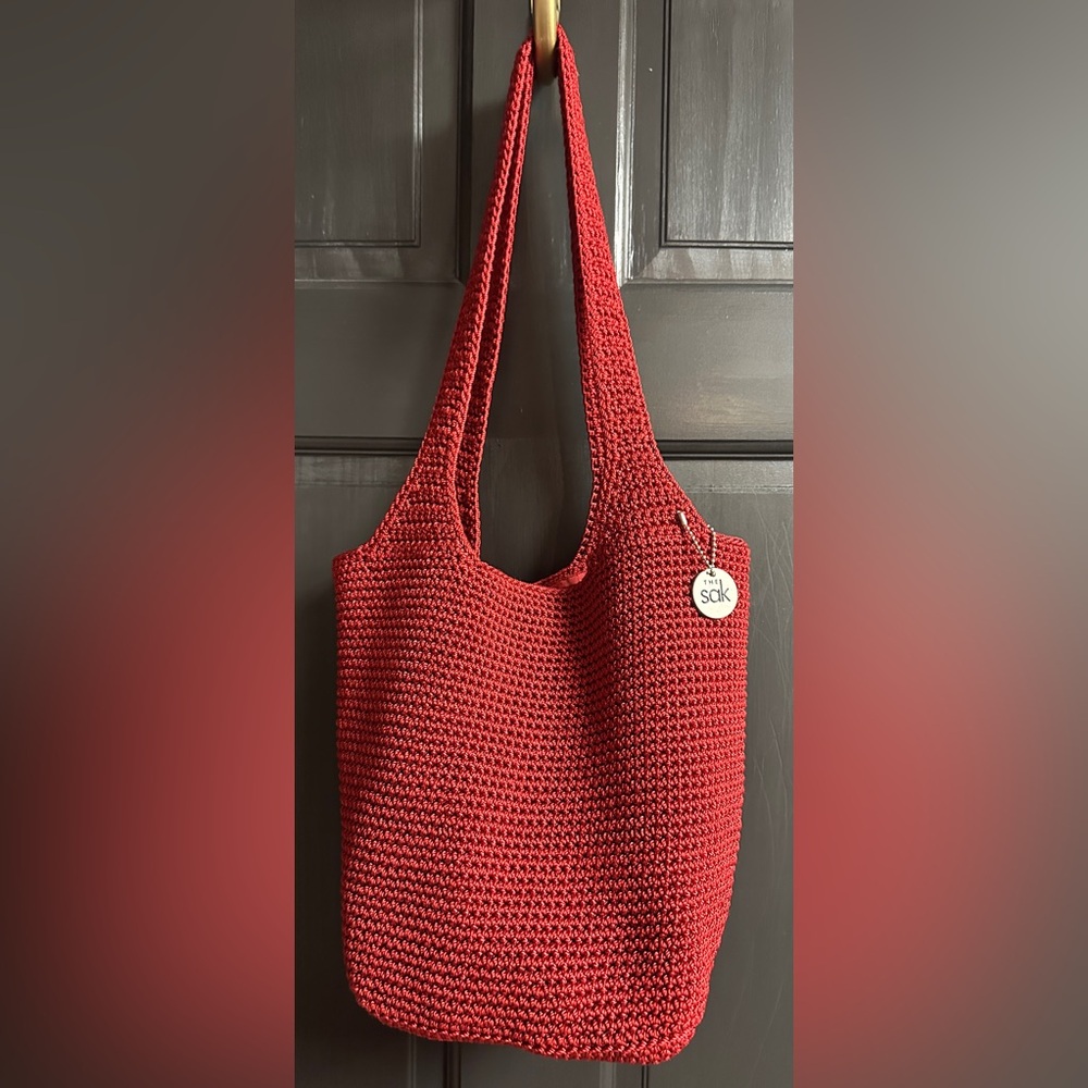 The Sak Red Crochet Hobo Double Strap Shoulder Bag Nice Size 9”x7”x7”